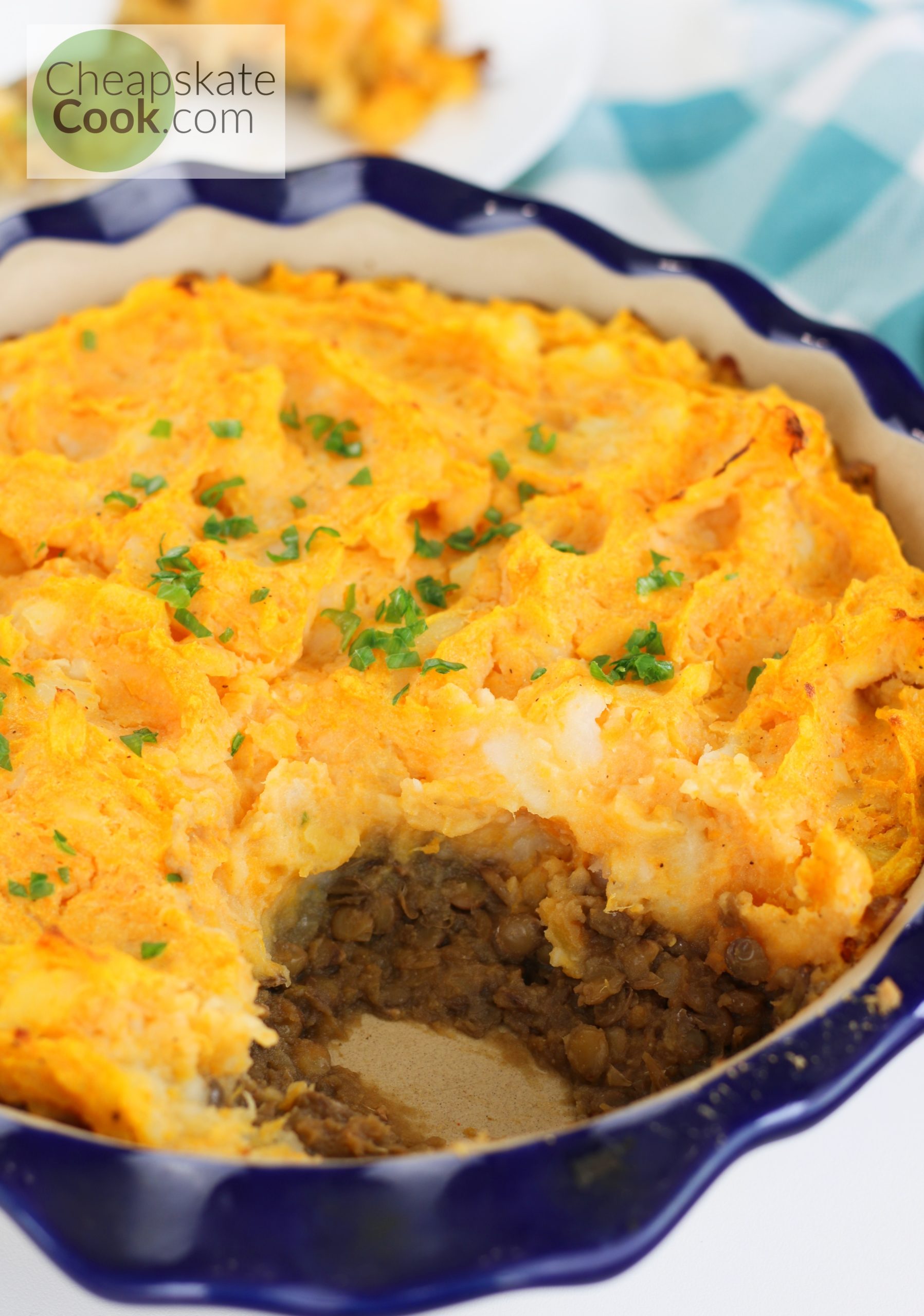lentil shepherds pie with a scoop out of it