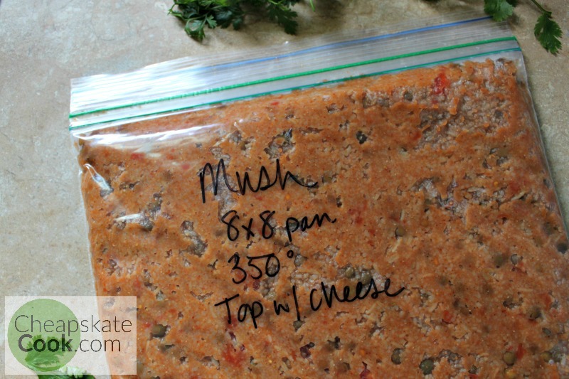 Cheesy Lentil Pie ready for the freezer - from CheapskateCook.com