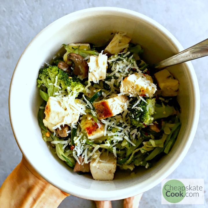 This quick, frugal dinner is loaded with vegetables, pasta, and chicken. I also share simple variations that make it Gluten-free, Grain-free, Dairy-free, or Vegetarian. BONUS: You can use 1 chicken breast to feed 6 people! From CheapskateCook.com