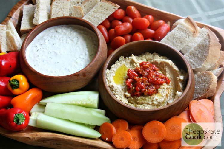 Easy, Frugal Mediterranean Platter - This fresh, simple vegetable tray is light, filling, takes all of 10 minutes to prepare, and uses seasonal summer vegetables. Gluten-free, paleo, and dairy-free options. From CheapskateCook.com