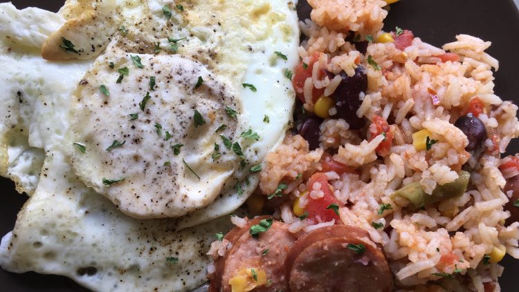 leftover cajun beans and rice with an egg