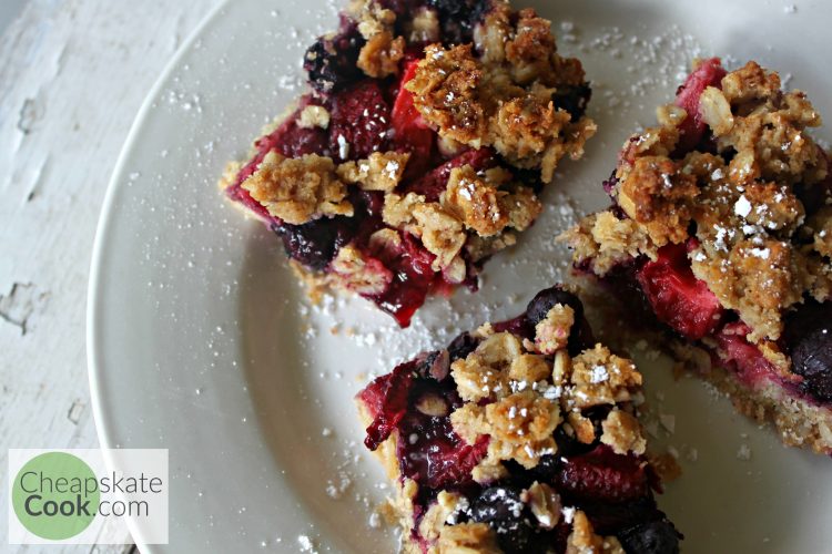 Simple, frugal breakfast bars loaded with real food and berries. Also included: gluten-free, dairy-free, and no-added-sugar variations. From CheapskateCook.com