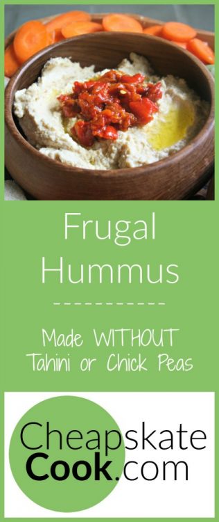 How to Make the Most Frugal Hummus - creamy, delicious hummus you can make without tahini or chickpeas! From CheapskateCook.com