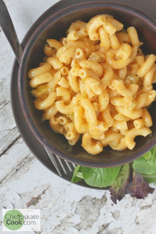 Vertical overhead of creamy macaroni and cheese