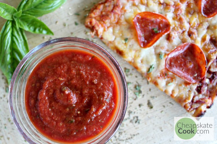 Clean & Cheap Pizza Sauce - This easy pizza sauce costs 40 cents for 2 large pizzas (frugal), takes less than 3 minutes to stir up (fast), and is made with real food ingredients you probably already have (WIN). From CheapskateCook.com