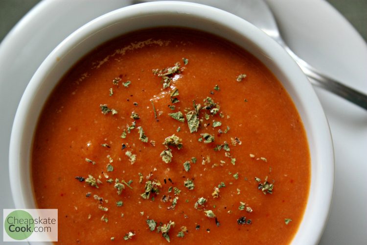 Simple, inexpensive tomato soup ready in 10 minutes and full of real food ingredients you can find at any store. Dairy-free version too! From CheapskateCook.com