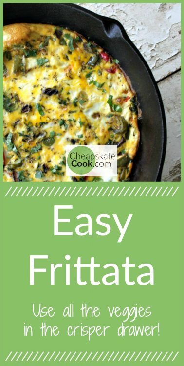 This easy frittata takes about 10 minutes to assemble, and you can load it with veggies, sausage, cheese, or anything else to make a quick, frugal meal. It can also be dairy-free, vegetarian, and makes a great gluten-free breakfast or dinner. From CheapskateCook.com