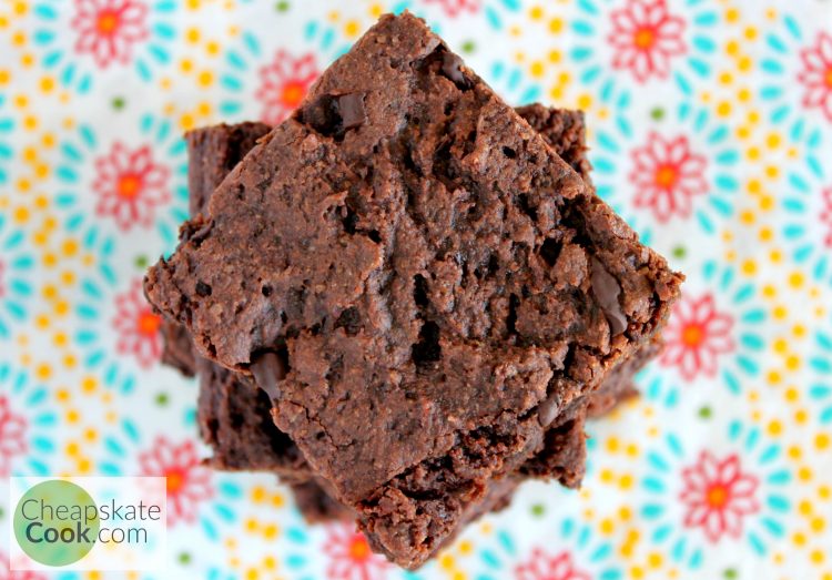 Overhead view of a stack of chocolate chip egg-free brownies 