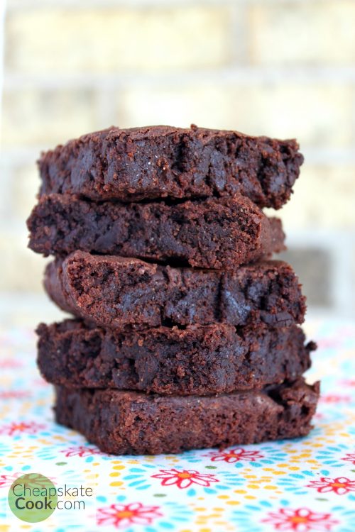 Tall stack of gooey, chocolatey egg-free brownies