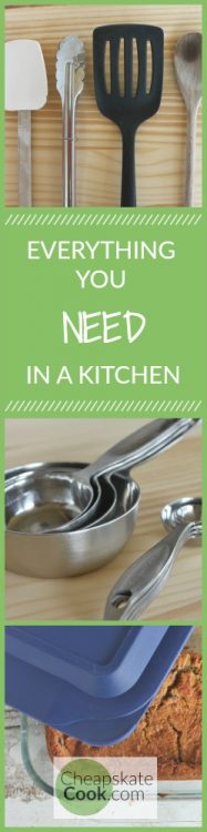 Making a frugal and efficient kitchen means you have everything you need to make good food and a few things you want. These are the basic tools you need. It's a simple, inexpensive collection that I pieced together from thrift stores, gifts, Amazon, and a few stores like Walmart or Target.