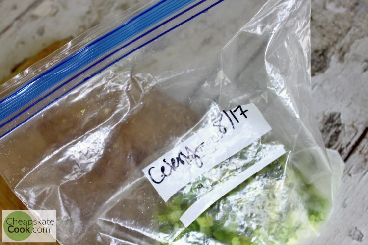 Chopped celery in a labeled freezer bag