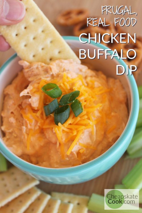 With an eye towards real food, saving money, and making something delicious for a party, this frugal Buffalo Chicken Dip is perfect for a relaxed dinner party, the Super Bowl, or comfort food for a weekend at home. Gluten-free and Paleo too! From CheapskateCook.com