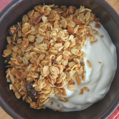 One of the easiest granola recipes you'll find. It’s gluten-free, dairy-free, and vegan if you need it to be. Uses no refined sugar, and you can make it low-fat with an easy hack. From CheapskateCook.com