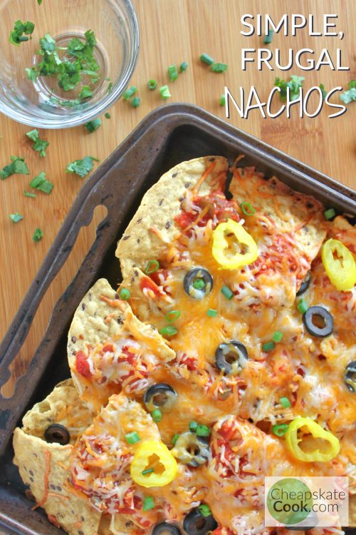 Nachos can be as simple and frugal as Chips + Salsa + Cheese. Perfect for a quick, easy meal, made with fairly clean ingredients, and naturally gluten-free. From CheapskateCook.com.