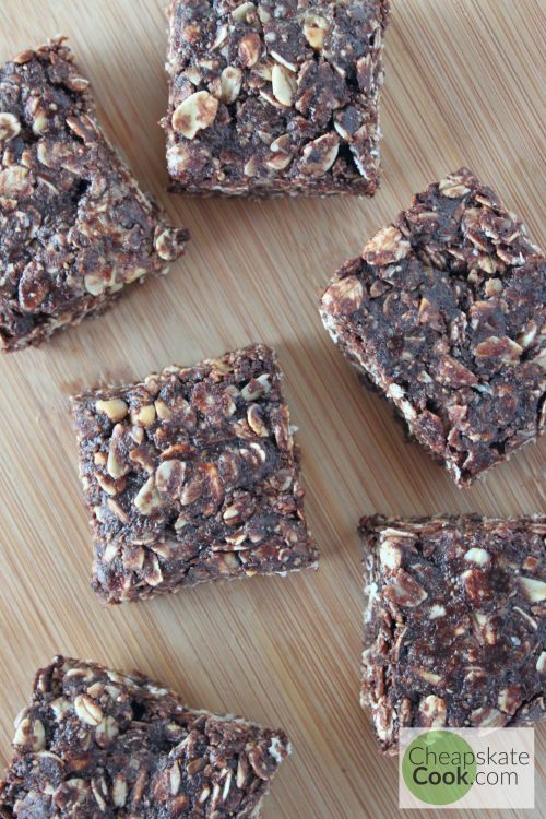 The cheapest version of Energy Bites. It uses all real food, but with an eye toward making it as inexpensive as possible. Instead of making "bites," I make bars. Because when you're cooking real food, you need all the time-savers you can find. Gluten-free, dairy-free, vegan, egg-free, and easy! From CheapskateCook.com