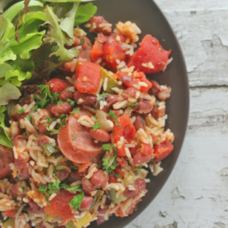 This fast, easy dinner costs around $4 and feeds 4-6 people. It’s flavorful, filling, a little spicy, and besides the kielbasa, you probably already have the ingredients in your cupboards. It's also gluten-free, dairy-free, and egg-free. Get the vegan version here too! From CheapskateCook.com