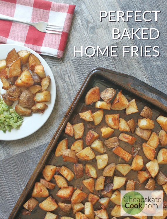 If you're looking for a cheap real food, that keeps stomachs full without a lot of fuss, potatoes are it. These healthier home fries are baked, not fried. They're drizzled with healthy fats, tossed with garlic and paprika, and work perfectly for breakfast as well as dinner. Leftovers crisp up easily in the oven. Gluten-free, dairy-free, egg-free, paleo, and frugal. From CheapskateCook.com