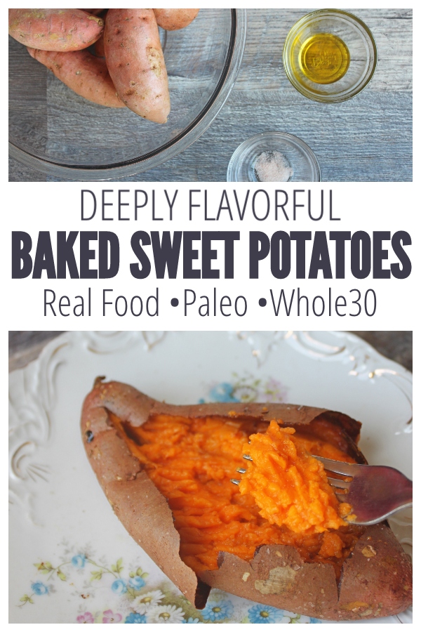 Deeply Flavorful Baked Sweet Potatoes - An extra-flavorful, easy way to make baked sweet potatoes even better. Whole30, paleo, dairy-free, gluten-free, CHEAP, and just plain good. The best baked sweet potatoes I've ever had. From CheapskateCook.com #whole30 #paleo #realfood #sweetpotato