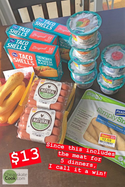 Kroger clearance deals - part of a healthy grocery haul for only $21. Full of real food, produce, organic and non-GMO pasta and bread, uncured and nitrate-free meat, greek yogurt, and gluten-free products. From CheapskateCook.com