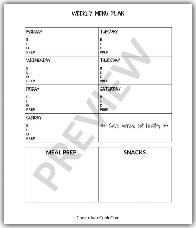 Menu plan printable with meal prep and daily lunch sections