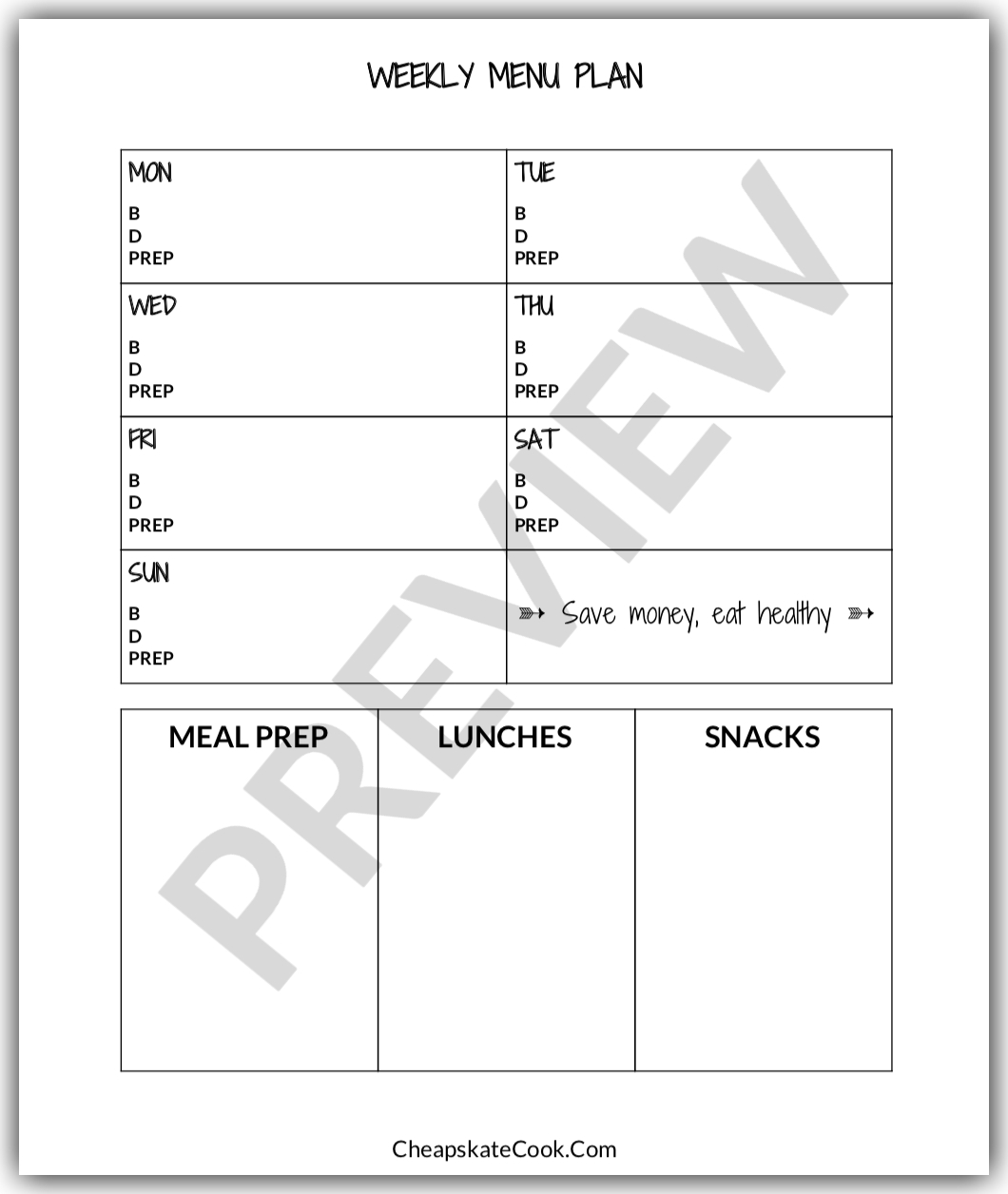 Menu plan printable with weekly lunch and meal prep sections