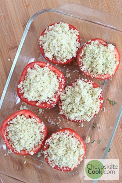 Stuffed tomatoes ready to go in the oven