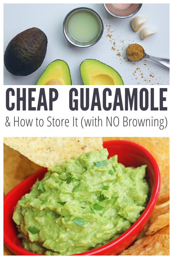 How to store guacamole without it turning brown (also called "oxidizing"). And a frugal guacamole recipe! #realfood #avocado #frugalliving #kitchenhacks. From CheapskateCook.com