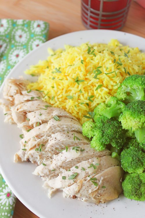 chicken, yellow rice, and veggies