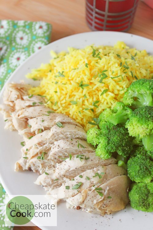 chicken, yellow rice, and veggies