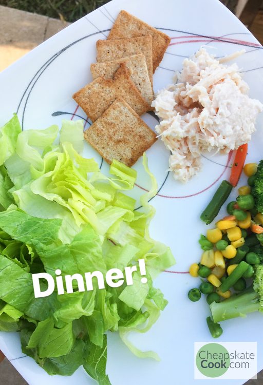 dinner: crackers, salad, chicken salad, veggies
