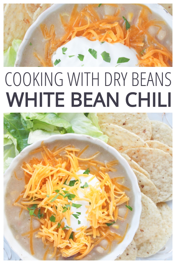 Learn to cook dry beans! White Bean Chili is comforting, inexpensive, simple, and full of real food. Instructions for Instant Pot, Slow Cooker, and Stovetop included. Add chicken to make white chicken chili, and the recipe includes gluten-free, dairy-free, vegan, and freezer storing tips! From CheapskateCook.com #recipe #chili
