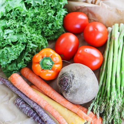 fruits and veggies - lettuce, bell pepper, beets, carrots, asparagus, tomatoes