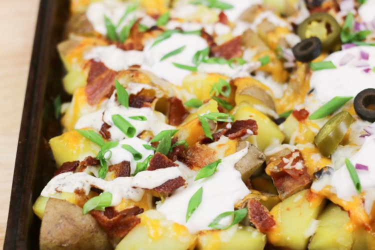 potato nachos - close up of the baked potato version