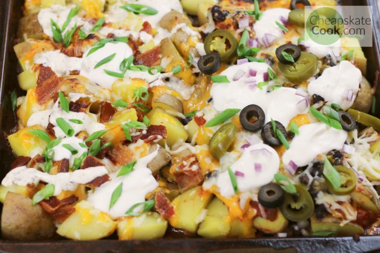 potato nachos - southwest version and baked potato version in a pan