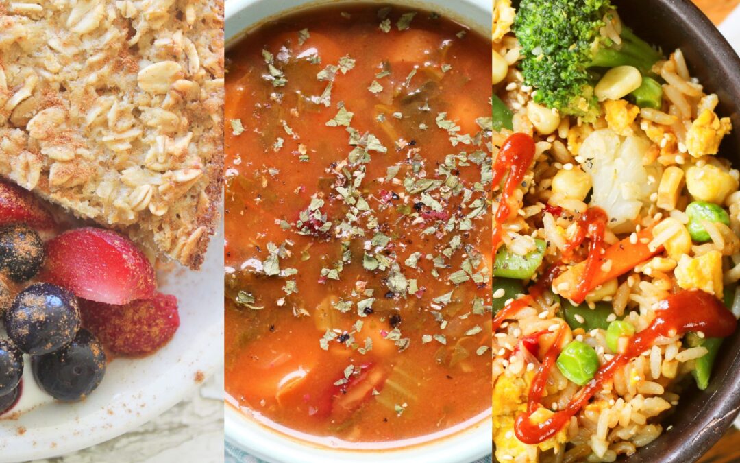 collage of baked oatmeal, vegetable soup, and fried rice