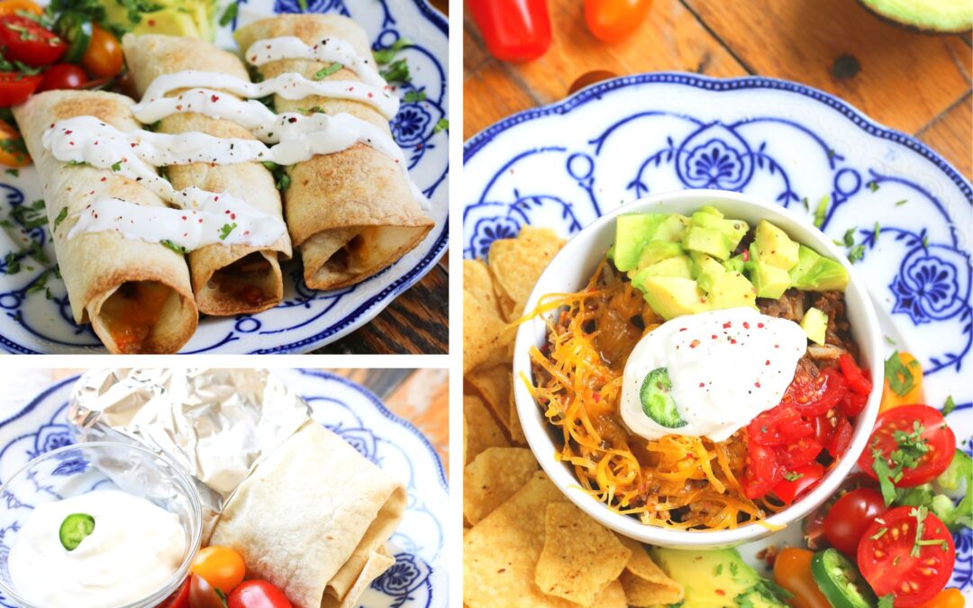 collage of lentils and rice burrito bowl, taquitos, and burritos