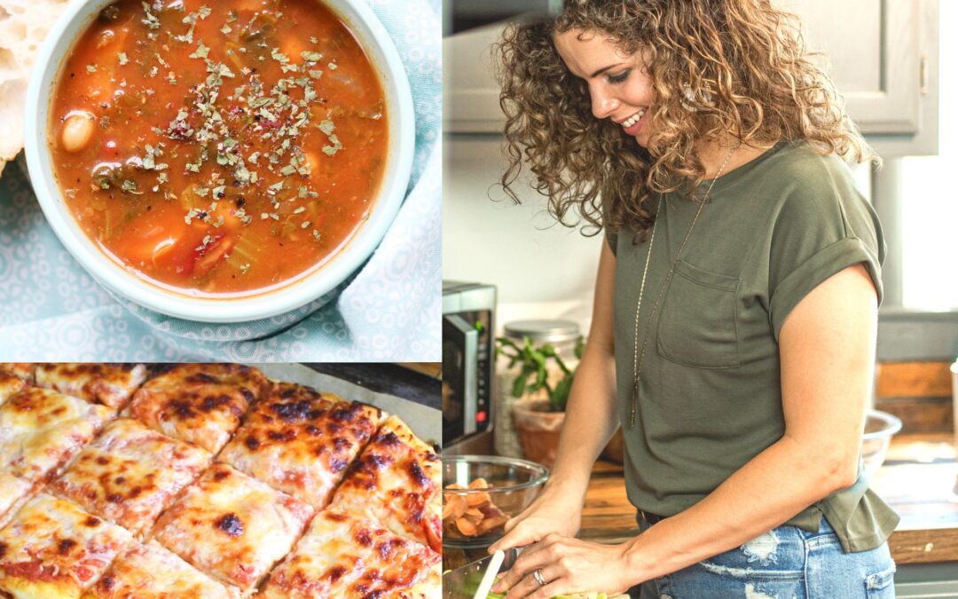 Steph cooking with a collage of meals next to her