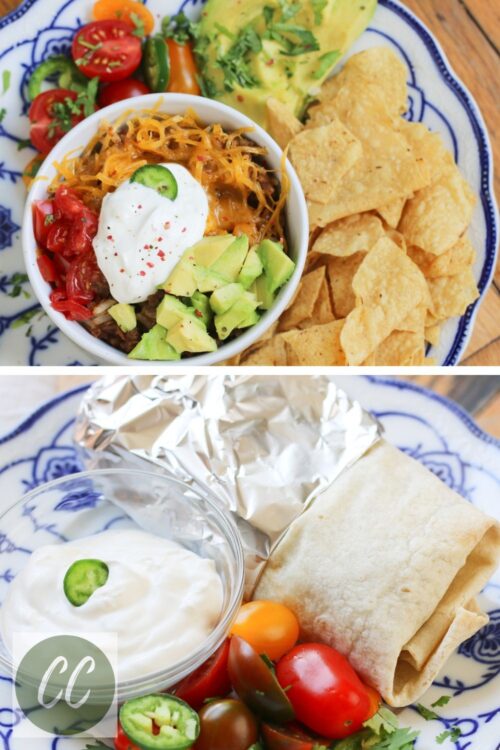 lentils and rice burrito bowl and burrito